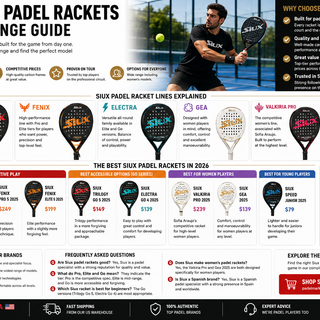 Infographic of the Siux padel racket range, including Trilogy, Fenix, Electra, Gea and Valkiria Pro