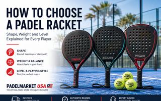 Three black padel rackets labeled Control, Balance and Power with Padel Market USA balls, titled How to Choose a Padel Racket