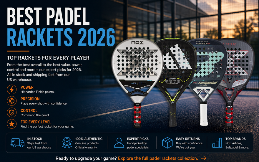 Four padel rackets from Nox, Adidas and Bullpadel against court fencing at sunset, under the title Best Padel Rackets 2026