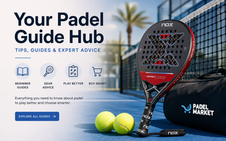 Nox padel racket, two yellow balls and a Padel Market bag on a blue court, beside the headline Your Padel Guide Hub